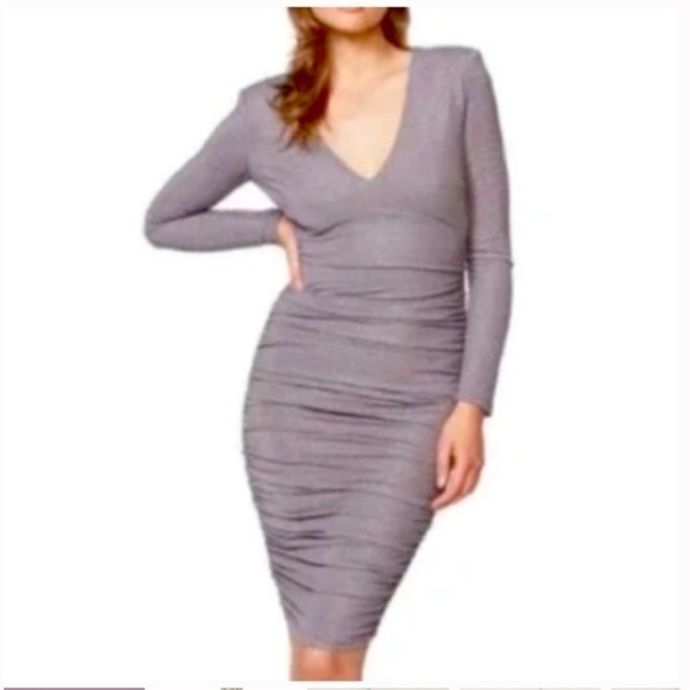 BARDOT gray sparkly long sleeve ruched dress bodycon y2k cocktail babydoll neck